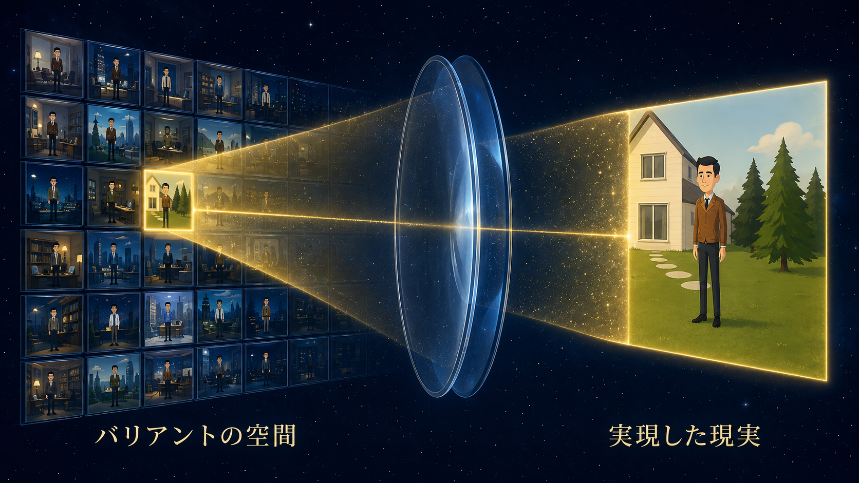 左にバリアントの空間の無数のコマ、中央に二元鏡、右に実現した現実。一つのコマから金色の光が鏡を通り、右の現実へと広がっている図